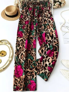 Boho Style Leopard Print Floral Palazzo Pants